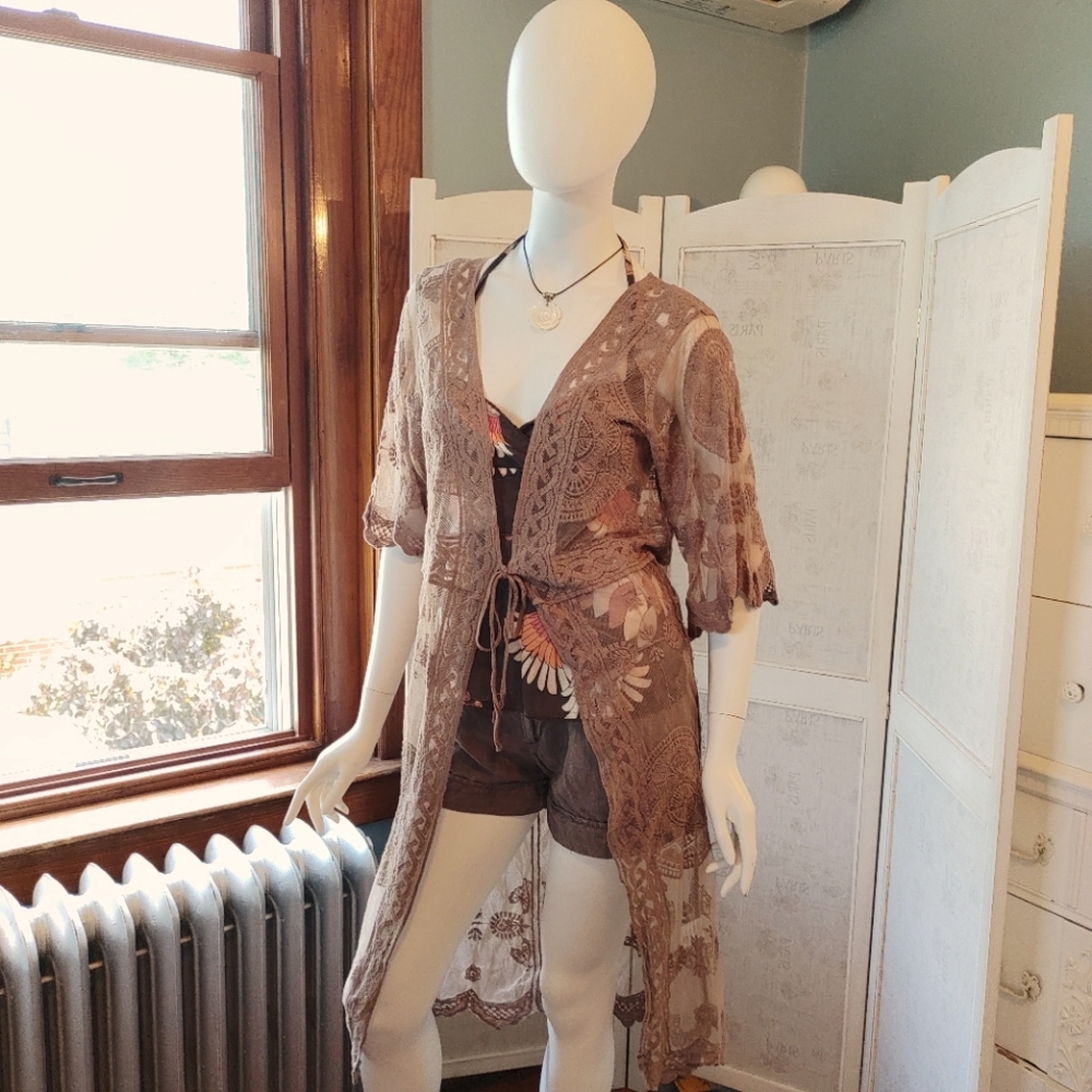 NEW Taupe Lace Kimono Duster One Size S/M